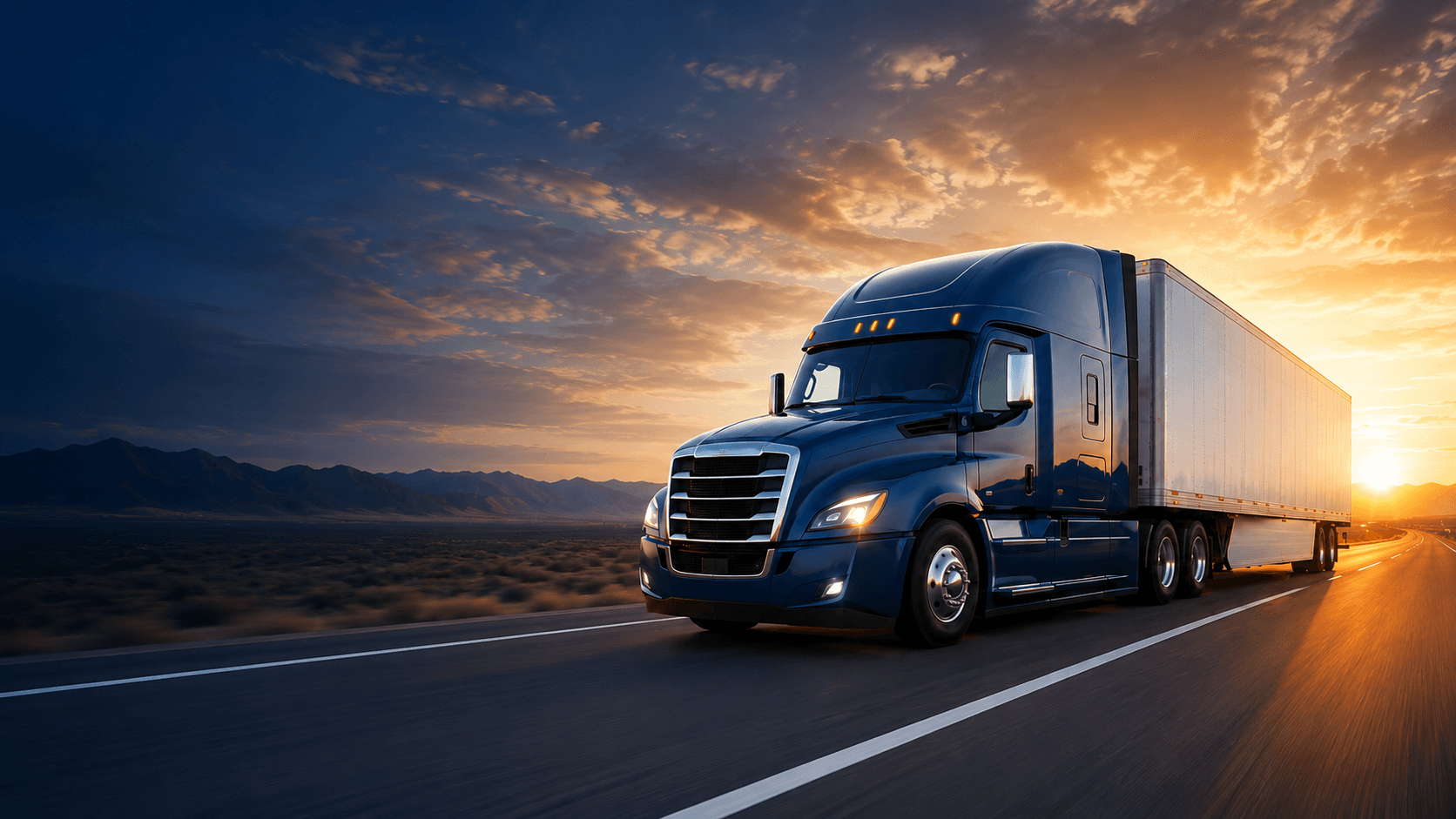 Semi truck driving on an open interstate highway at sunset